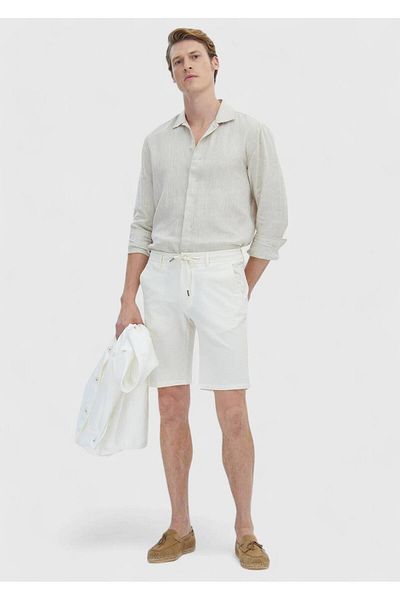 Ramsey Εκρού ριγέ υφαντό Jogging Fit Casual Βερμούδες από βαμβακερό μείγμα