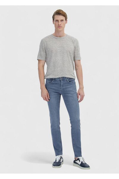 Ramsey Gray Straight Slim Fit Denim Cotton Blended Trousers