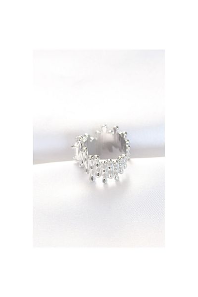 Skygo Silver Serrated Thick Baguette Ring - Adjustable Stone Design - TJ-BYK3104