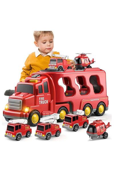 COOYA Fire Car Truck Toys, High Quality, Durable Soft Plastic 5 in 1 Toy Cars, for Toddlers 1-9