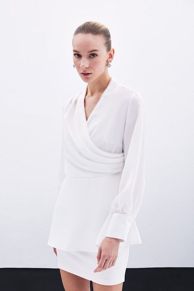 Sateen Ecru Beaded Collar Double Breasted Blouse
