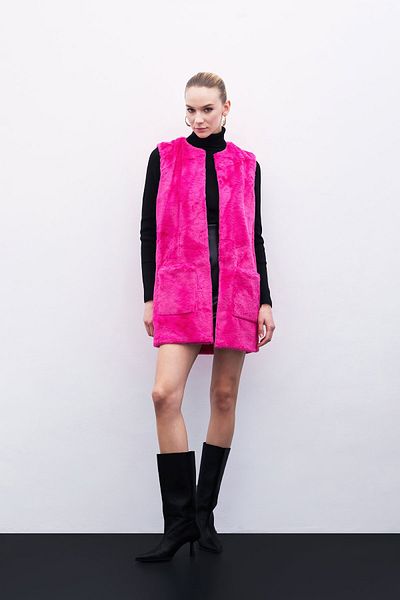 Sateen Pocket Detailed Plush Vest - Fuchsia
