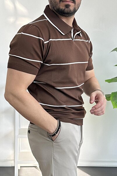 Edwox Ανδρικό μπλουζάκι με ριγέ πλαϊνό γιακά καφέ Edw259