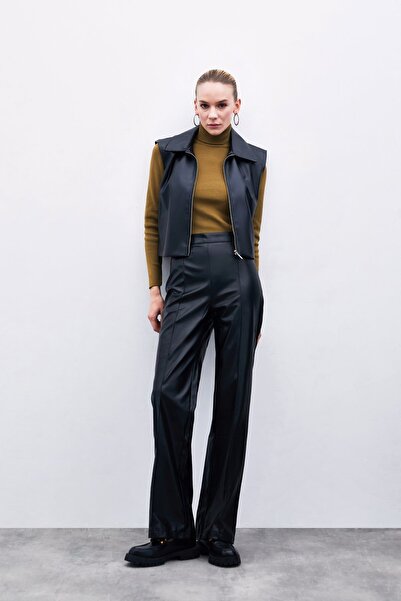 Sateen Yüksek Bel Deri Pantolon - Siyah