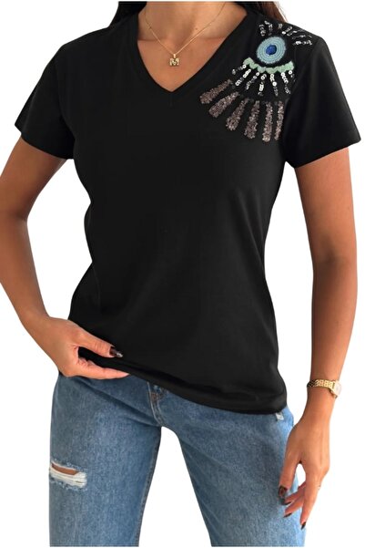Cassime Black V-Neck T-Shirt - 100% Cotton with Embroidery and Sequin Embroidery