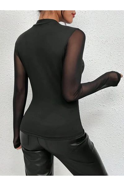 Moda Asmira Women's Long Sleeve Semi Turtleneck Sleeves Tulle Diver Blouse