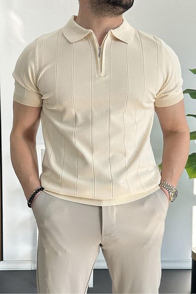 Edwox Ανδρικό μπλουζάκι με μισό φερμουάρ Polo Neck Cream Edw257