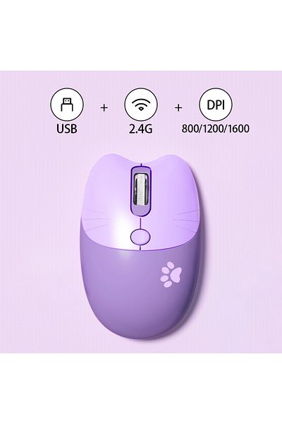 Choice ماوس لاسلكي M3 أرجواني اللون على شكل قطة لطيفة 2.4 جيجاهرتز، مستقبل USB، توصيل وتشغيل، 3 نقاط لكل بوصة قابلة للتعديل، متوافق مع