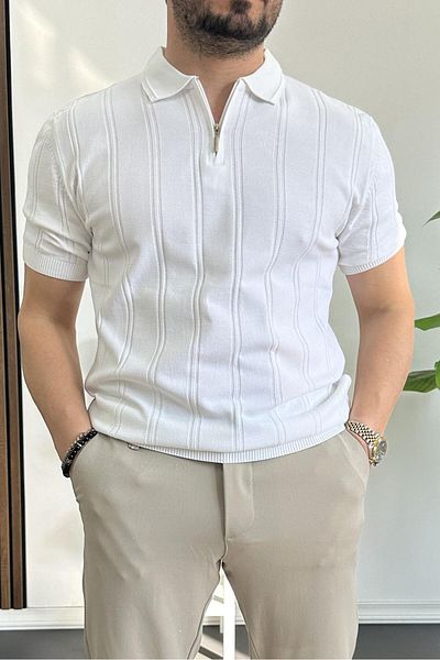 Edwox Tricou cu model cu fermoar cu gât polo pentru bărbați, alb Edw262