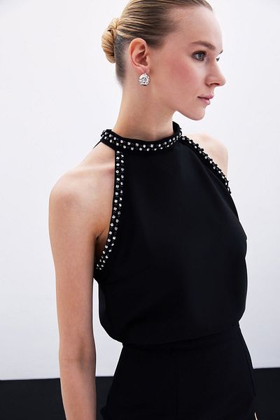 Sateen Bluză fără mâneci cu detalii despre accesorii - neagră