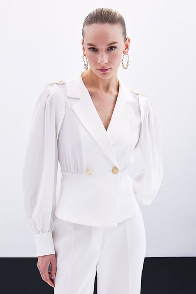 Sateen Double Breasted Short Jacket - Ecru