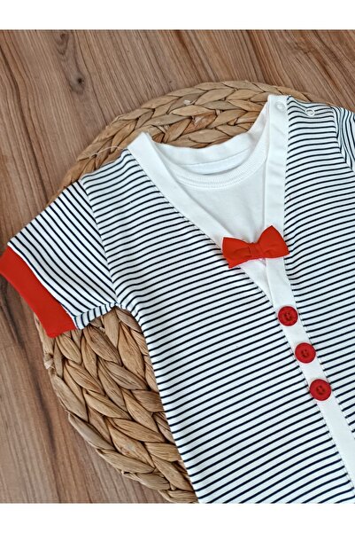 Tomuycuk Kırmızı Erkek Bebek Body Çizgili Papyonlu Çıtçıtlı Kısa Kollu Şık Bebek Zıbın Yazlık %100 Pamuklu