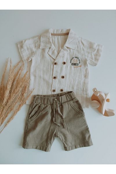 damdamin Baby Boys Double Breasted Lapel Double Button Shirt & Cotton/Linen Shorts Set