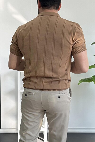 Edwox Ανδρικό μπλουζάκι με μοτίβο με φερμουάρ πόλο καφέ Edw262