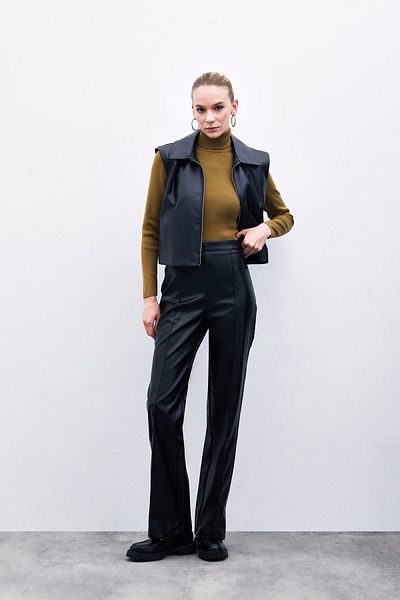 Sateen High Waist Leather Pants - Black