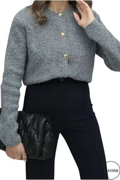 Cassime Cardigan de sezon elegant pentru femei, gri auriu, cu nasturi, cu decolteu rotund