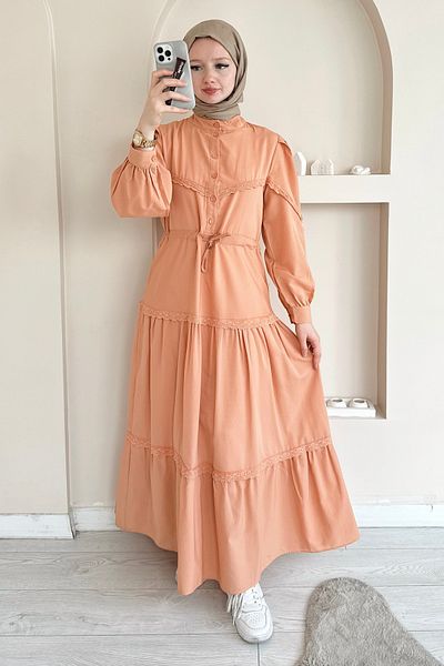 ButikMoor Mo334 Lace Judge Collar Salmon Dress