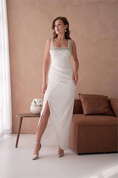 Dipmoda فستان سهرة طويل بتفاصيل حجرية للنساء DPS9367