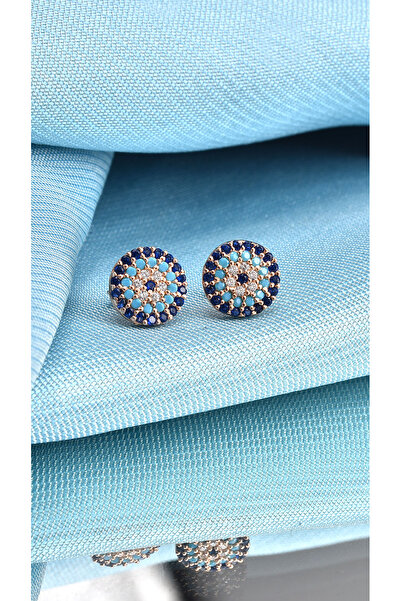 jelux silver Gümüş 925 Ayar 8 Mm Nazar Boncuğu Zirkon Taşlı Çivili Rose Renkli Küpe