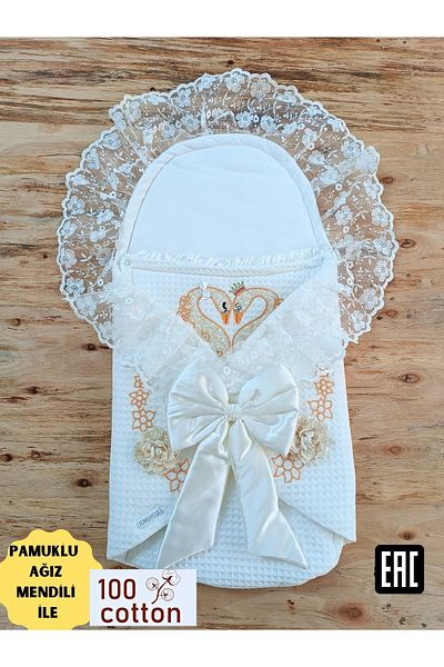 Tomuycuk Ecru Baby Girl and Boy Blanket - Swan Embroidered Lace Sleeping Bag, Mevlütlük Gift