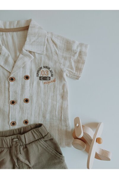 damdamin Baby Boys Double Breasted Lapel Double Button Shirt & Cotton/Linen Shorts Set