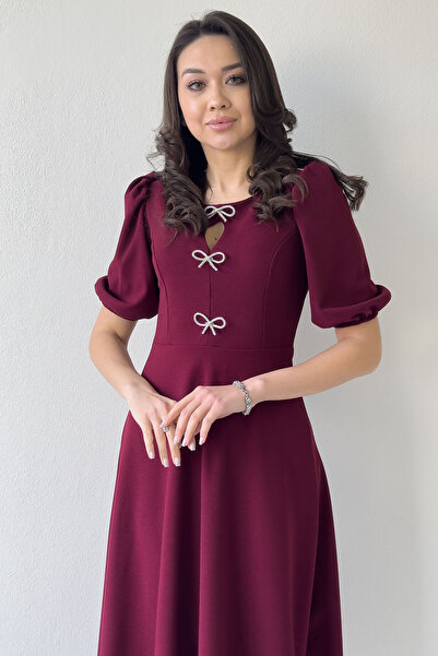 the ZKS Kadın Fiyonk Detay Balon Kol Midi Boy Elbise Bordo, Lacivert, Taba