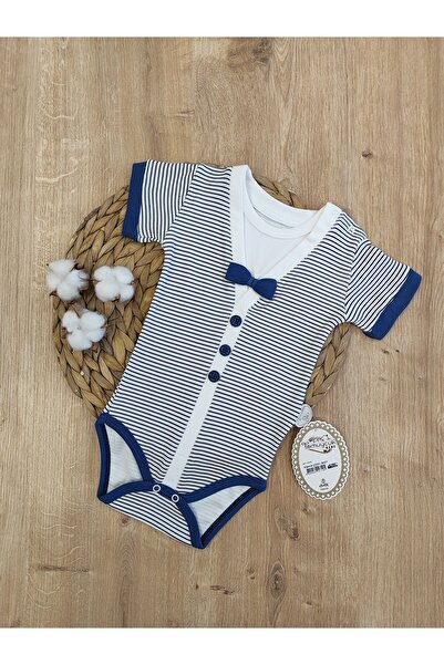 Tomuycuk Stylish Blue Striped Bow Tie Bodysuit for Baby Boy - Short Sleeve, 100% Cotton Summer Baby Bodysuit