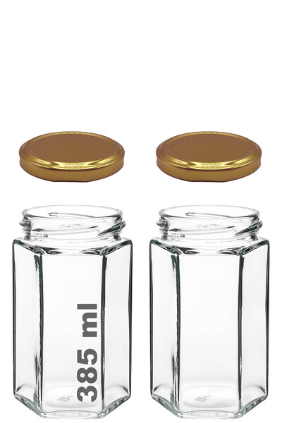 Afracam 385 ml Metal Kapaklı Altıgen Bal Kavanozu 385 Cc Şeffaf Hexagon Kavanoz 2 Adet (500 Gr Bal Alır)