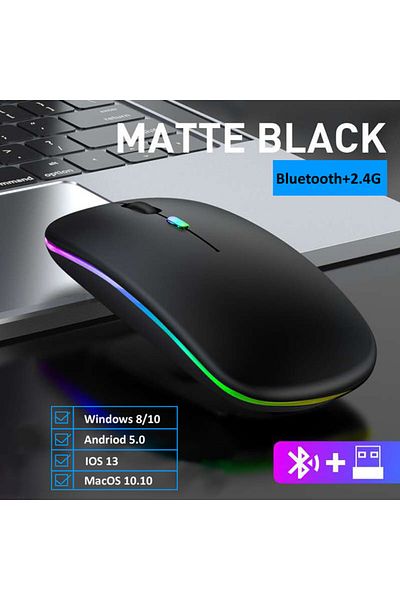 congdi Dual mode-Black LED Wireless Mouse USB Rechargeable Bluetooth-compatible RGB Mouse Silent Ergonomic