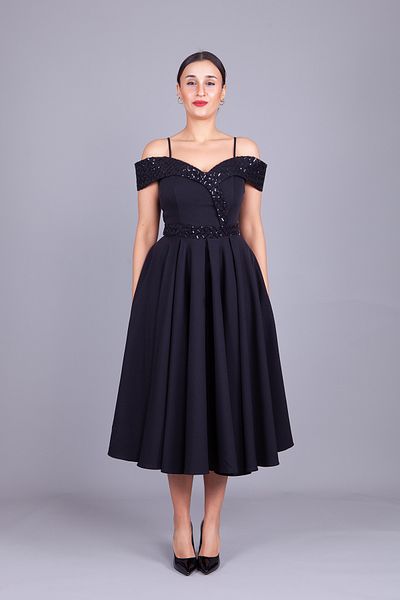 Bidoluelbise Black Strappy Off-Shoulder Checked Sequin Detail Midi Length Flared Evening Dress