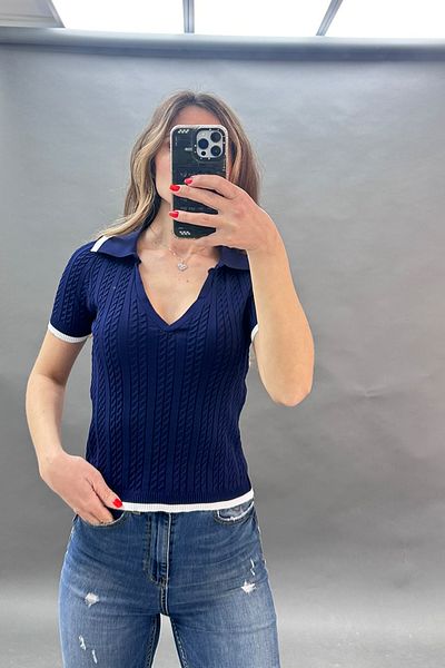 CİDDE Women's Polo Neck Half Short Sleeve Hair Knitted Model Line Stripe Comfortable Summer Knitwear Blouse Navy Blue