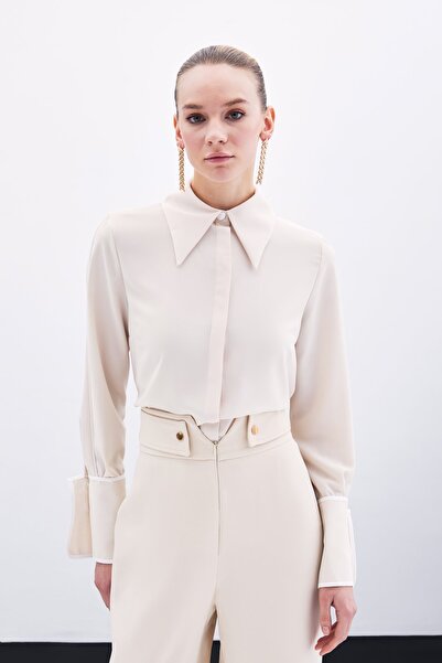 Sateen Κλασικό πουκάμισο με μανσέτες αντίθεσης - Μπεζ