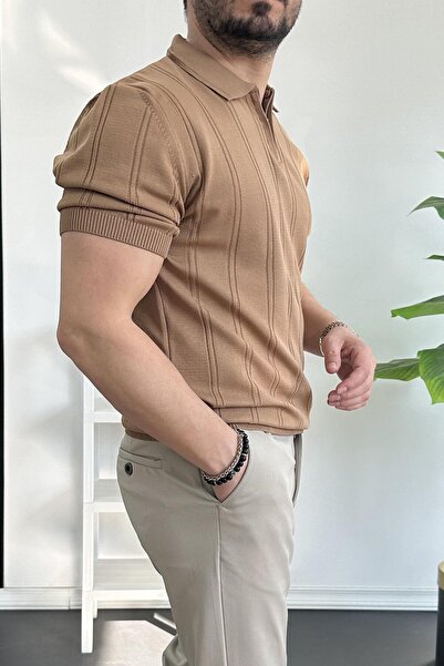 Edwox Ανδρικό μπλουζάκι με μοτίβο με φερμουάρ πόλο καφέ Edw262