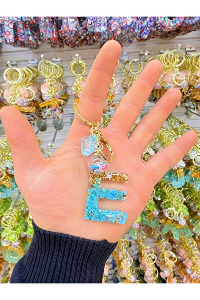 NATUREL Epoksi Doğal Taş Turkuaz Renkli -E Harfli Anahtarlık