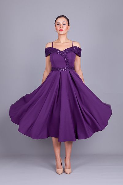 Bidoluelbise Plum Strap Off Shoulder Checked Sequin Detail Midi Length Flared Evening Dress