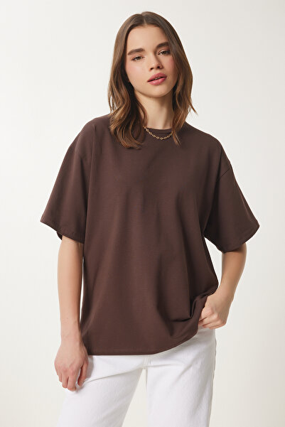 Lovelyİstanbul Καφέ Basic Oversize Πλεκτό T-shirt LHW0003