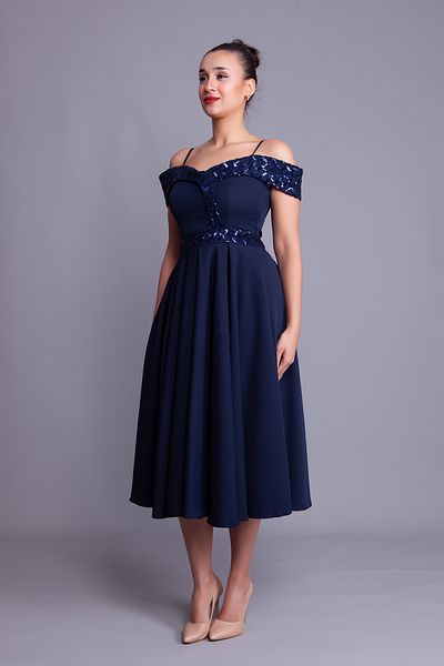 Bidoluelbise Navy Blue Strappy Off-Shoulder Checked Sequin Detail Midi Length Flared Evening Dress