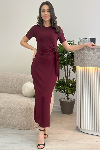 zks grup tekstil Дамска рокля с къс ръкав и връзки отстрани, бордо червено, т...