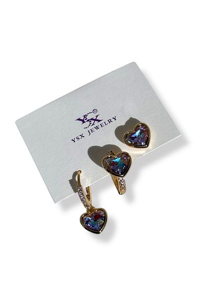 TAKIŞTIR Gold Color Heart Figured Stone Detailed 3-Piece Ysx Earring Set