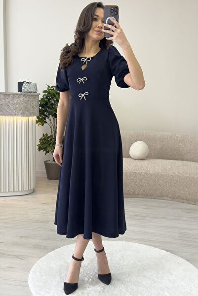 zks grup tekstil Жіноча сукня з балонними рукавами, з бантиком, бордова, синя, коричнева