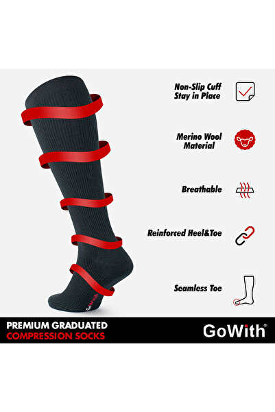 Go With Yünlü Dikişsiz Siyah Diz Boyu 15-20 Mm Hg Basınçlı Kompresyon Erkek ve Kadın Çorap 3589