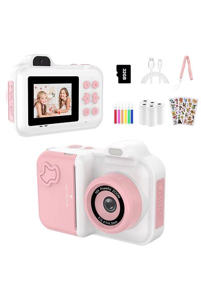 Choice white pink Kids Camera Instant Print Gifts Toys 1080P HD Dual-Lens Selfie Digital Camera with 5 Roll
