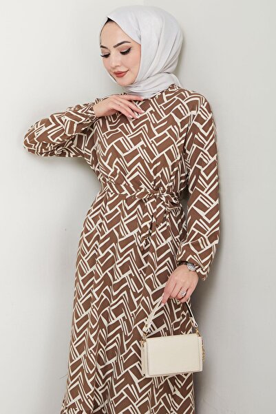 hafsamina Καλοκαιρινό φόρεμα βισκόζης με χαριτωμένο σχέδιο Mink HM2677