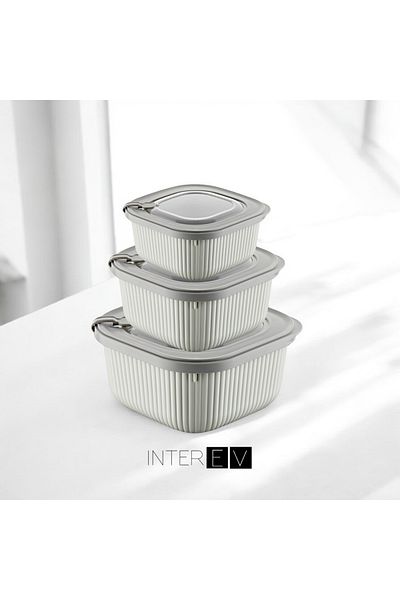 INTEREV Beige Microwave & Diffuse Suitable 3 Unit (600-1100-1800ml) Storage Container Set