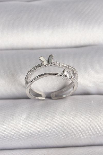 Clariss Brass Silver Color Zircon Stone Butterfly Figured Adjustable Ring