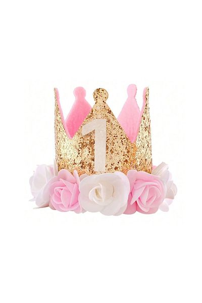 Choice 1 Pink White Rose 1 Year Old Crown Hat Happy Princess Birthday Decor Kid Baby Girl 1st Hat Birthday.