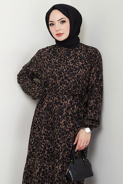 hafsamina Floral Patterned Viscose Dress - Brown Hm2683