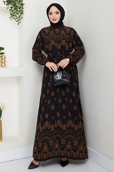 hafsamina Nevra Patterned Summer Viscose Dress Black Hm2678