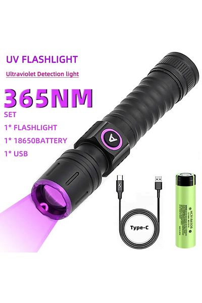 Choice 365NM 365/395nm UV Flashlight Zoom 5W Type C USB Rechargeable Black Light for Resin Curing, Pet Urin