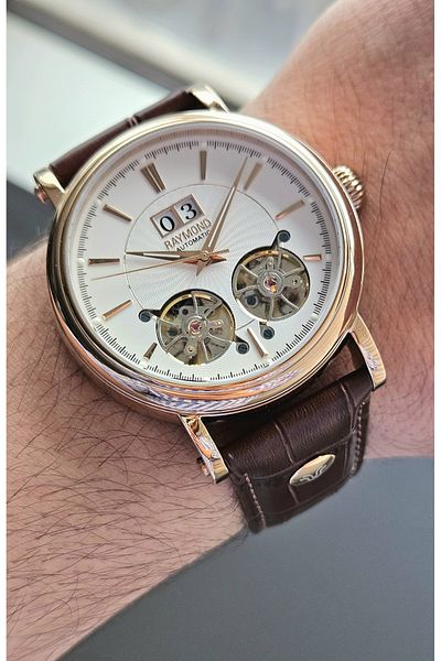 Raymond Rym-33002 Raymond Automatic Double Turbulon Mens Wristwatch - Stainless Steel Case and Leather Band